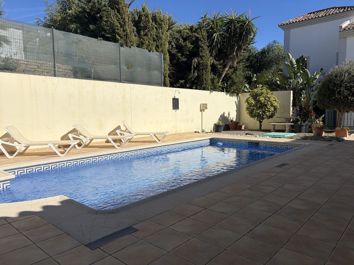A bright sunny day shows a swimming pool with blue water and a tiled edge, surrounded by lounge chairs and lush greenery.