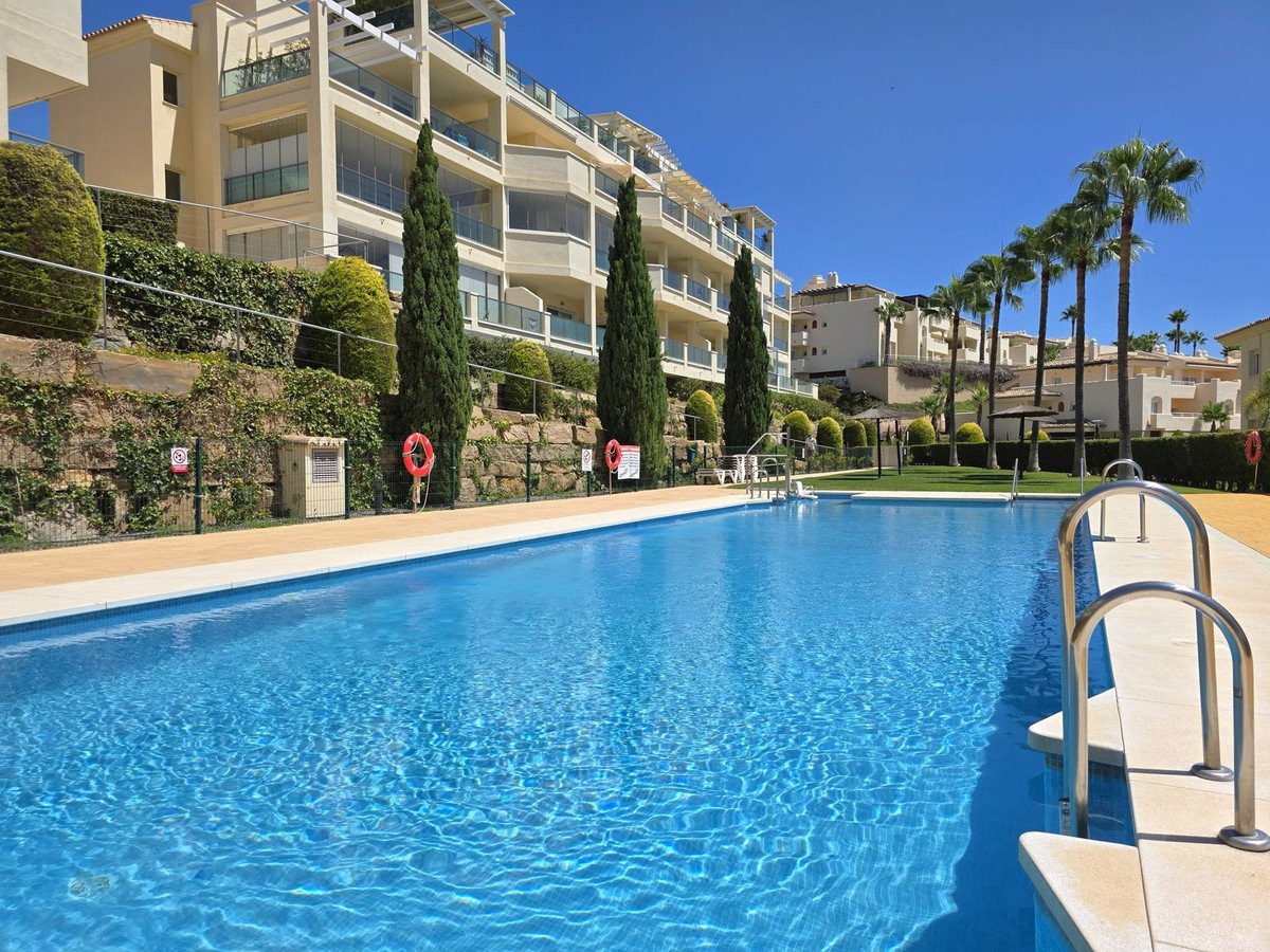 Villa with pool, palm trees, and apartment buildings under clear blue sky.