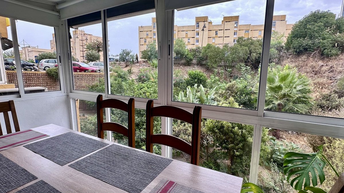 Sunroom dining area with placemats and chairs, overlooking a lush garden with palm trees and apartment buildings beyond.