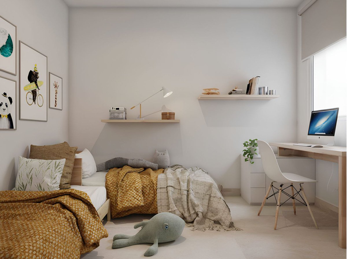 A child's bedroom with two beds, a desk with a computer, and playful wall art featuring animals.