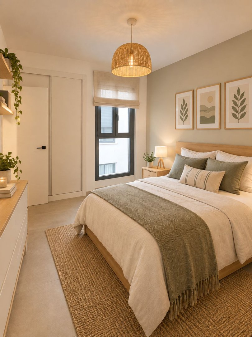 A cozy bedroom with a wooden bed, natural decor, artwork on the wall, and a bedside table with a lamp.