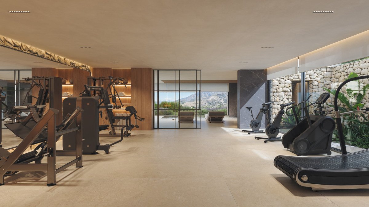 Modern home gym with mountain view, treadmills, weights, and large windows.