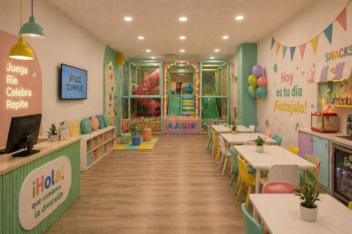 Indoor playground with ball pit, slides, and tables set up for a children's party.
