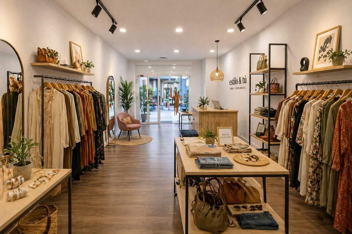A well-lit boutique interior displaying clothes on racks, a wooden counter, and merchandise on display tables.