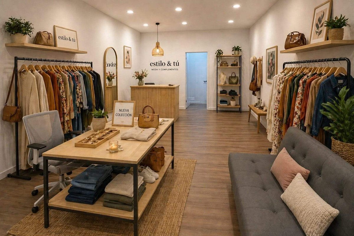 A boutique clothing store interior with racks of apparel, a central display table, and a seating area.