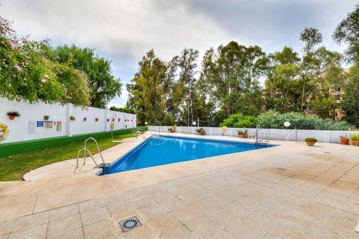 Outdoor swimming pool with clear blue water, surrounded by trees and potted plants