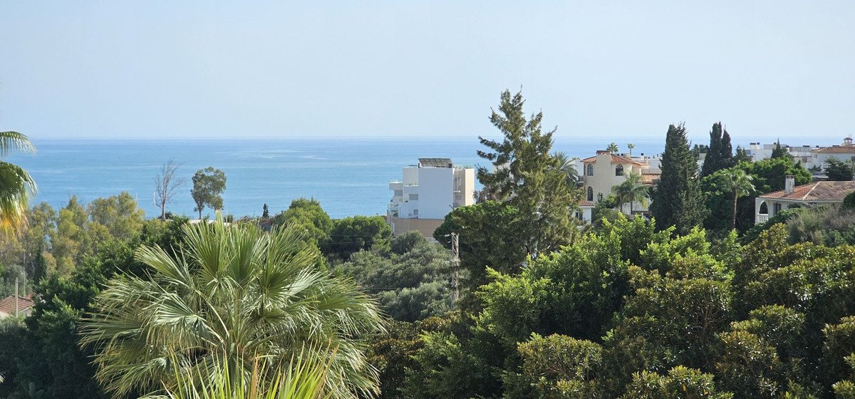 Villa with sea view surrounded by lush green trees and distant buildings