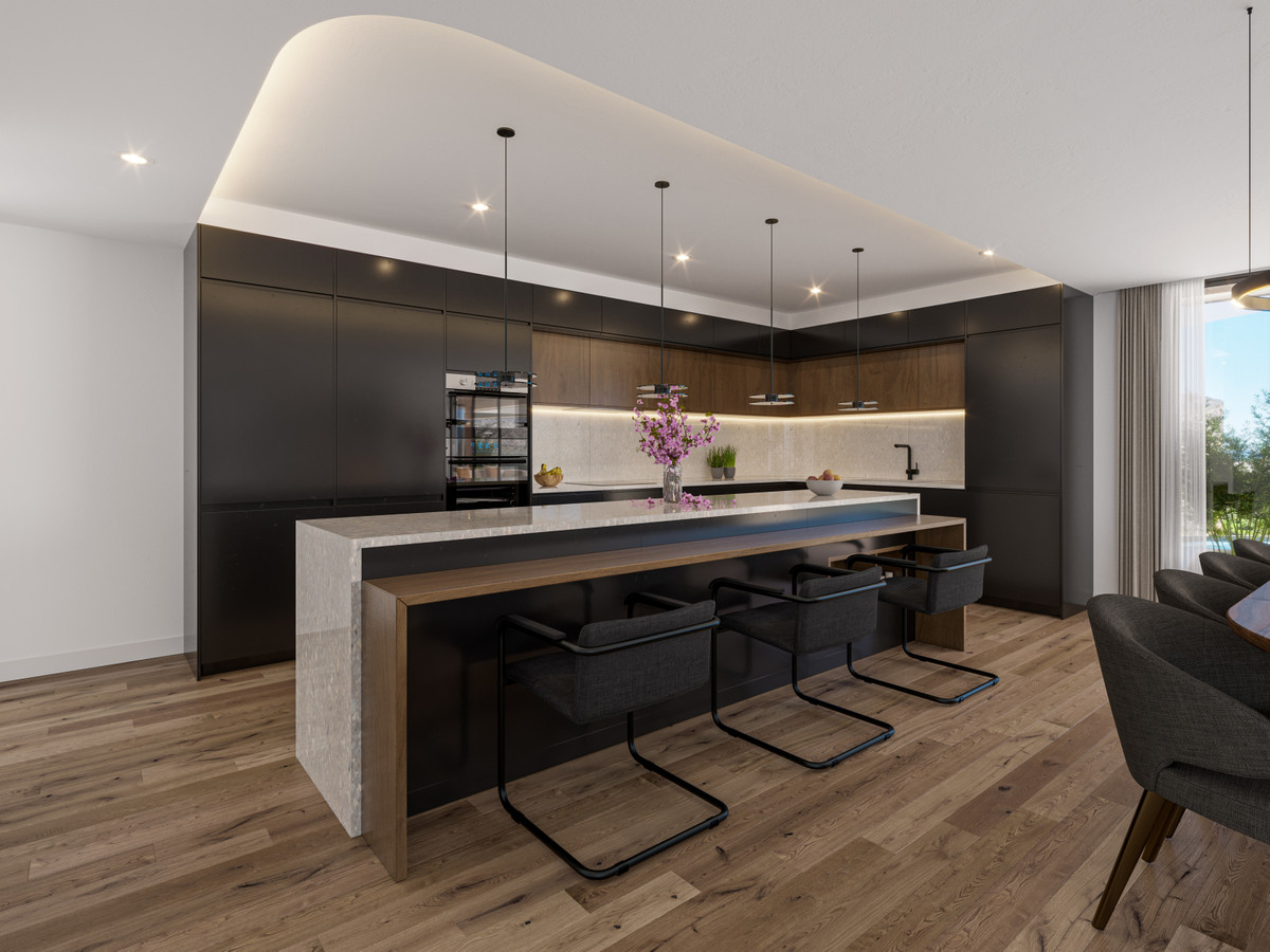 Moderne keuken met eiland en barkrukken