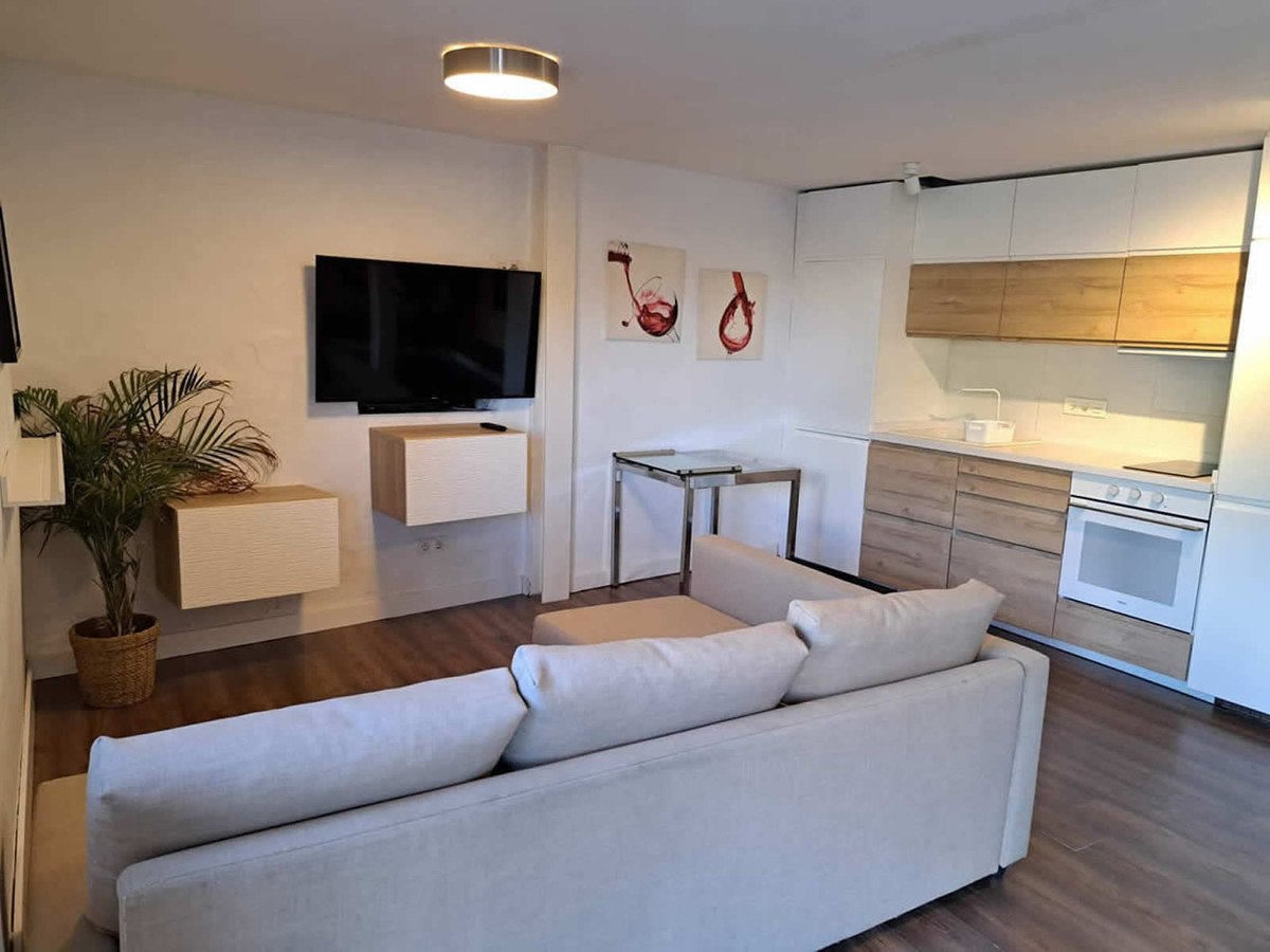 Modern living area with sofa and TV, adjacent to a compact kitchen with wooden cabinets and white countertops.