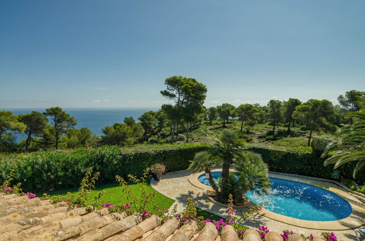 A beautiful villa with a swimming pool and a stunning view of the blue sea, surrounded by lush greenery and palm trees.
