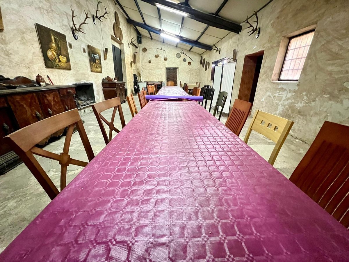 A long dining table covered with a purple tablecloth, set with chairs in a rustic room with mounted deer antlers and artwork.