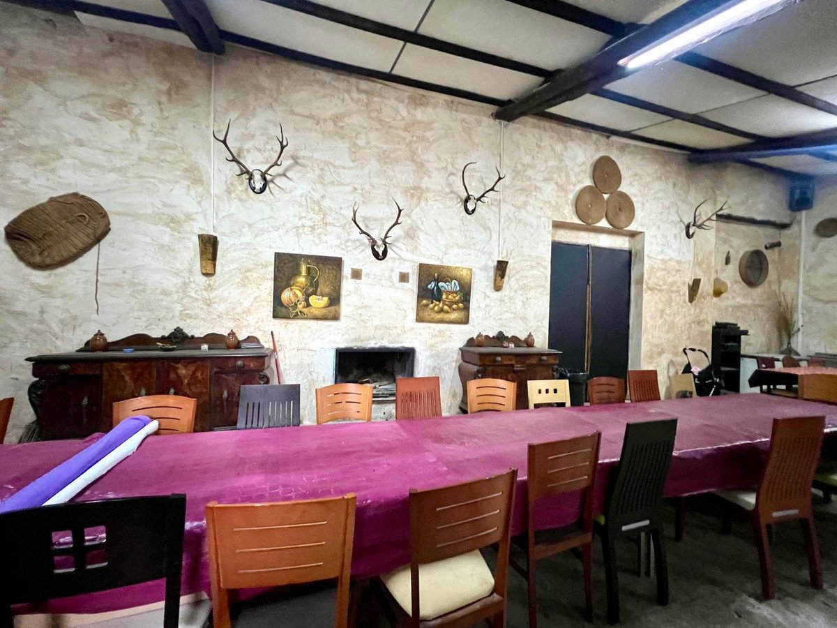 A long dining table covered with a pink tablecloth, surrounded by chairs, with taxidermied antlers and paintings decorating the rustic walls.
