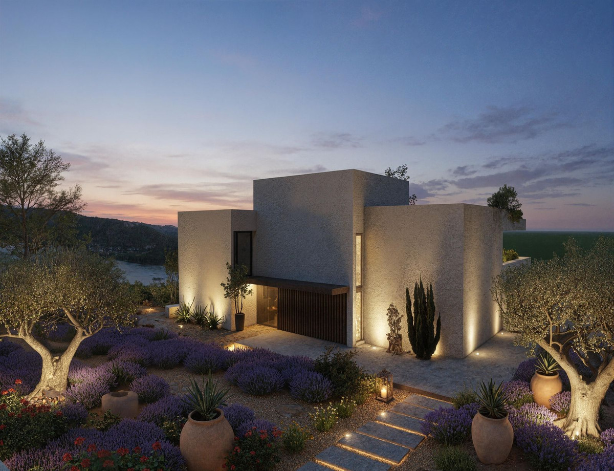 Moderne villa met lavendeltuin in de schemering
