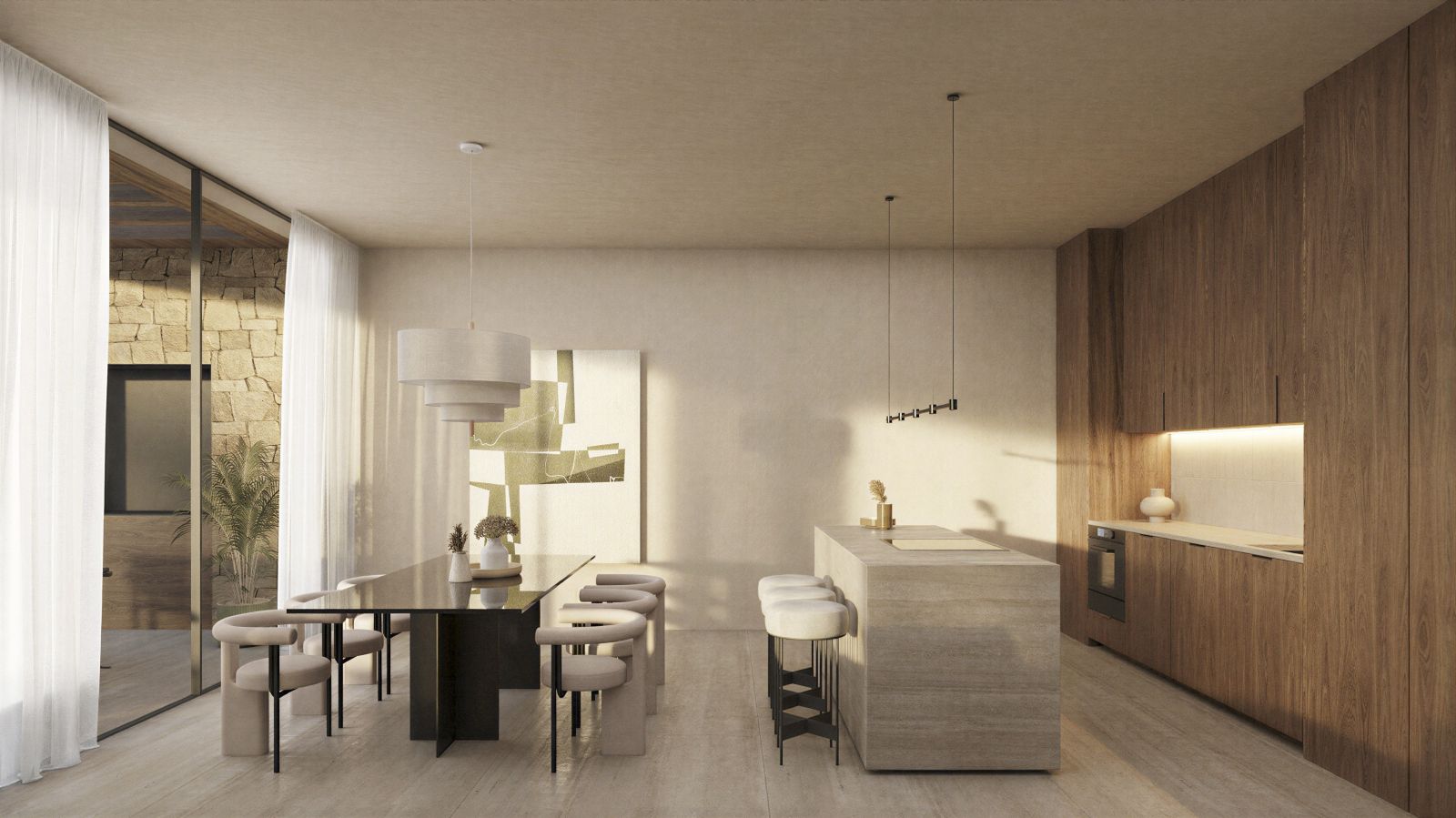 Moderne eet- en keukenruimte met houten accenten en strak design.