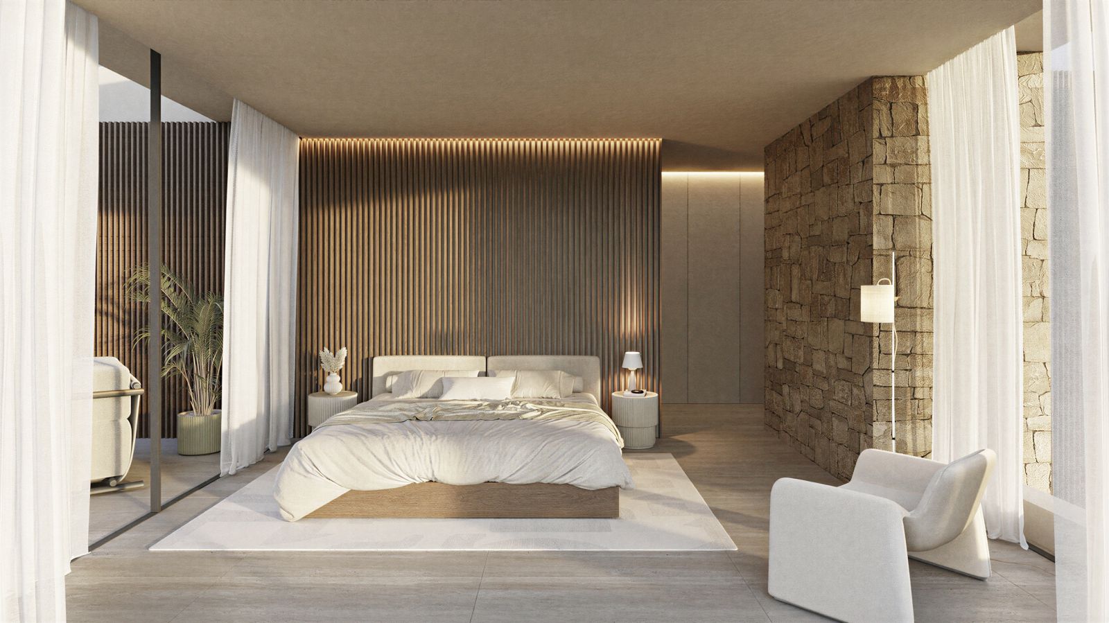 Moderne slaapkamer met stenen en houten wanden, rustgevende sfeer