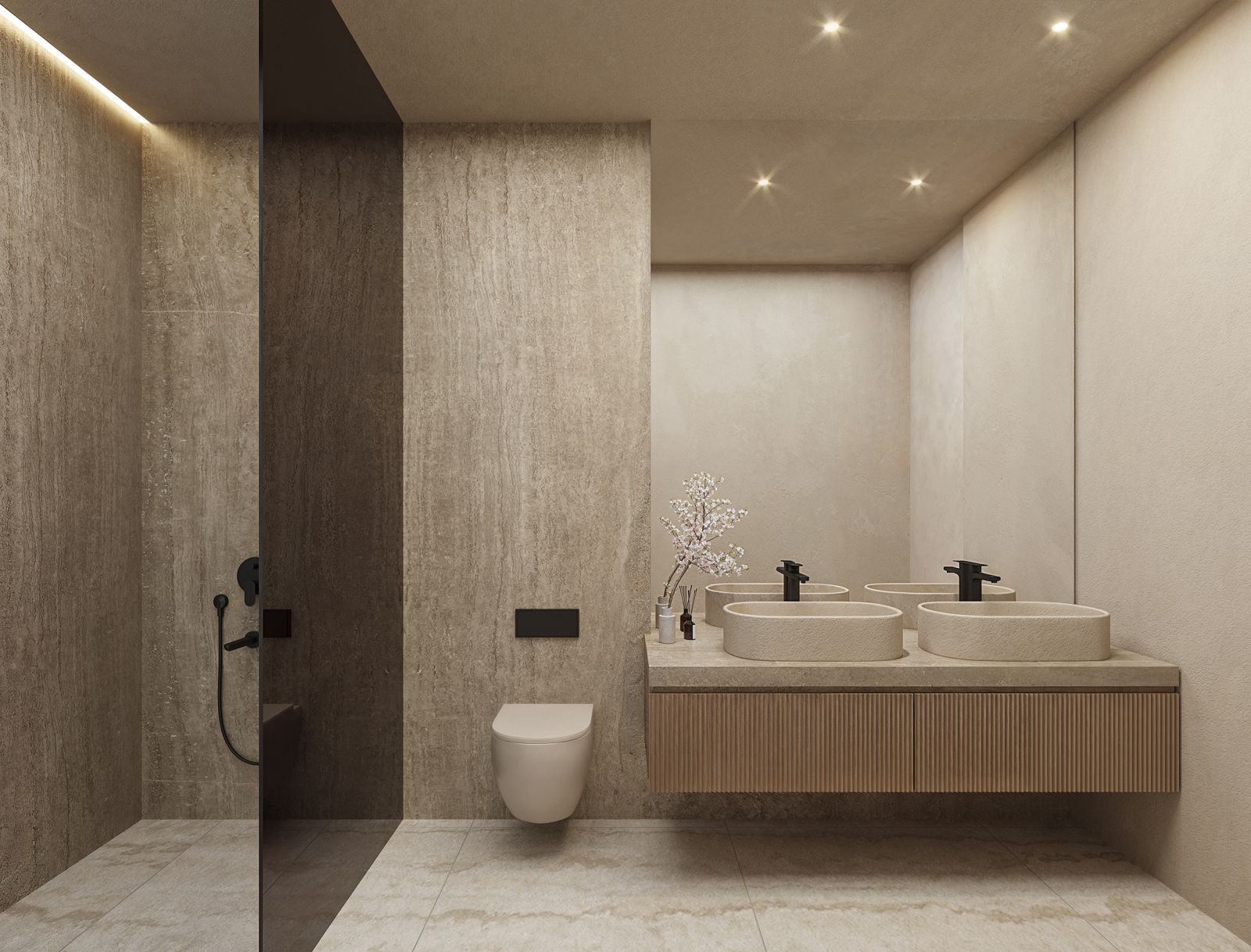 Moderne badkamer in neutrale tinten met dubbele wastafel en inloopdouche.