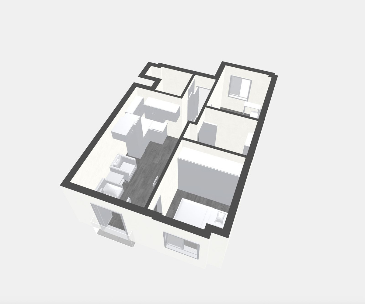 Plattegrond van appartement met keuken, badkamer en slaapkamer.