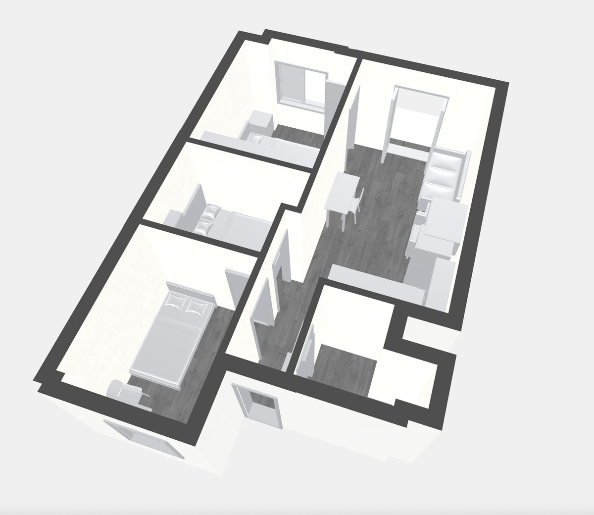 Plattegrond van een tweekamerappartement in 3D