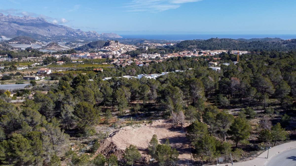 A rural lot with trees and distant town and sea views under a clear blue sky.