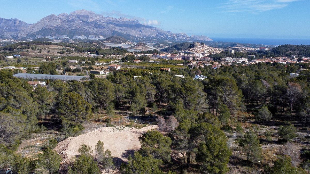 Panoramic view of a rural landscape with scattered houses, pine trees, and distant mountains under a clear blue sky.