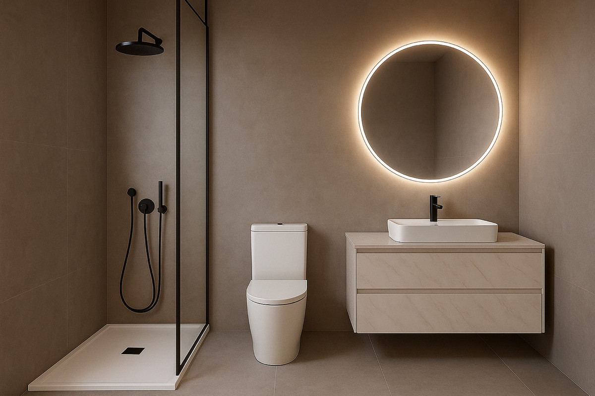 Moderne badkamer met inloopdouche, toilet en ronde spiegel met verlichting.