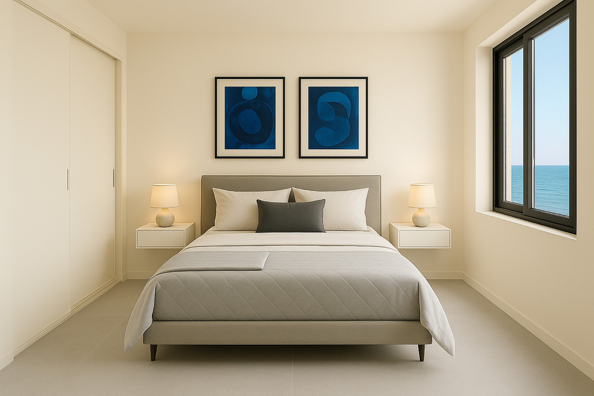 Moderne slaapkamer met uitzicht op de oceaan en minimalistisch design.