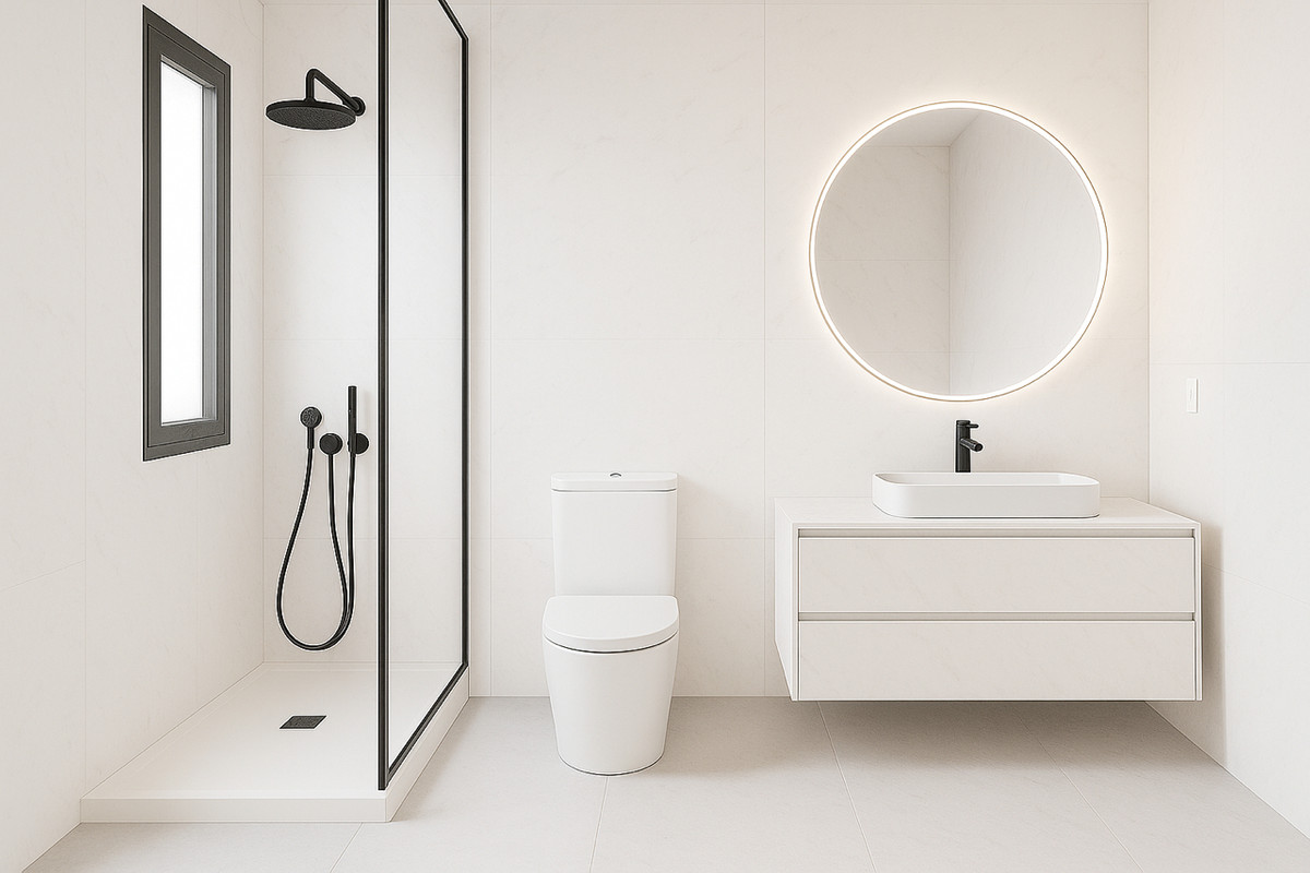 Moderne witte badkamer met douche en ronde spiegel