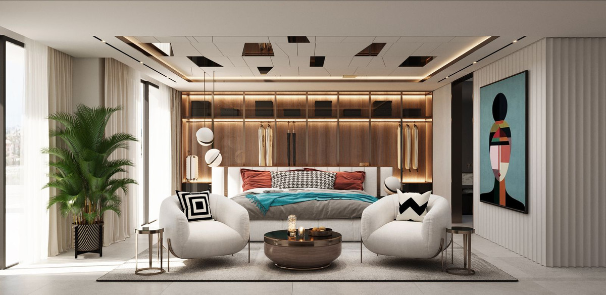 Moderne slaapkamer met design interieur en luxe meubels.