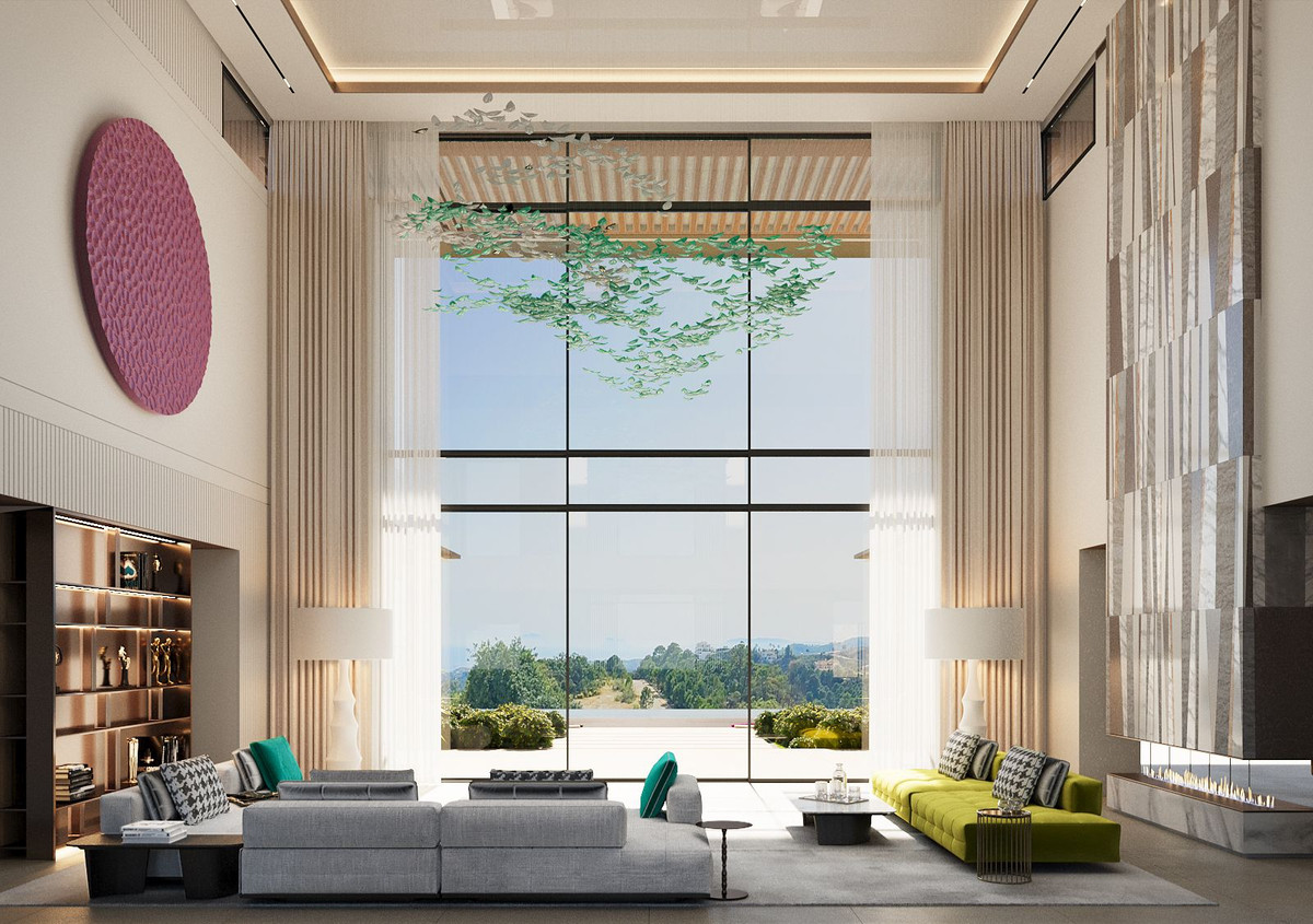 Moderne luxe woonkamer met groot raam en uitzicht.