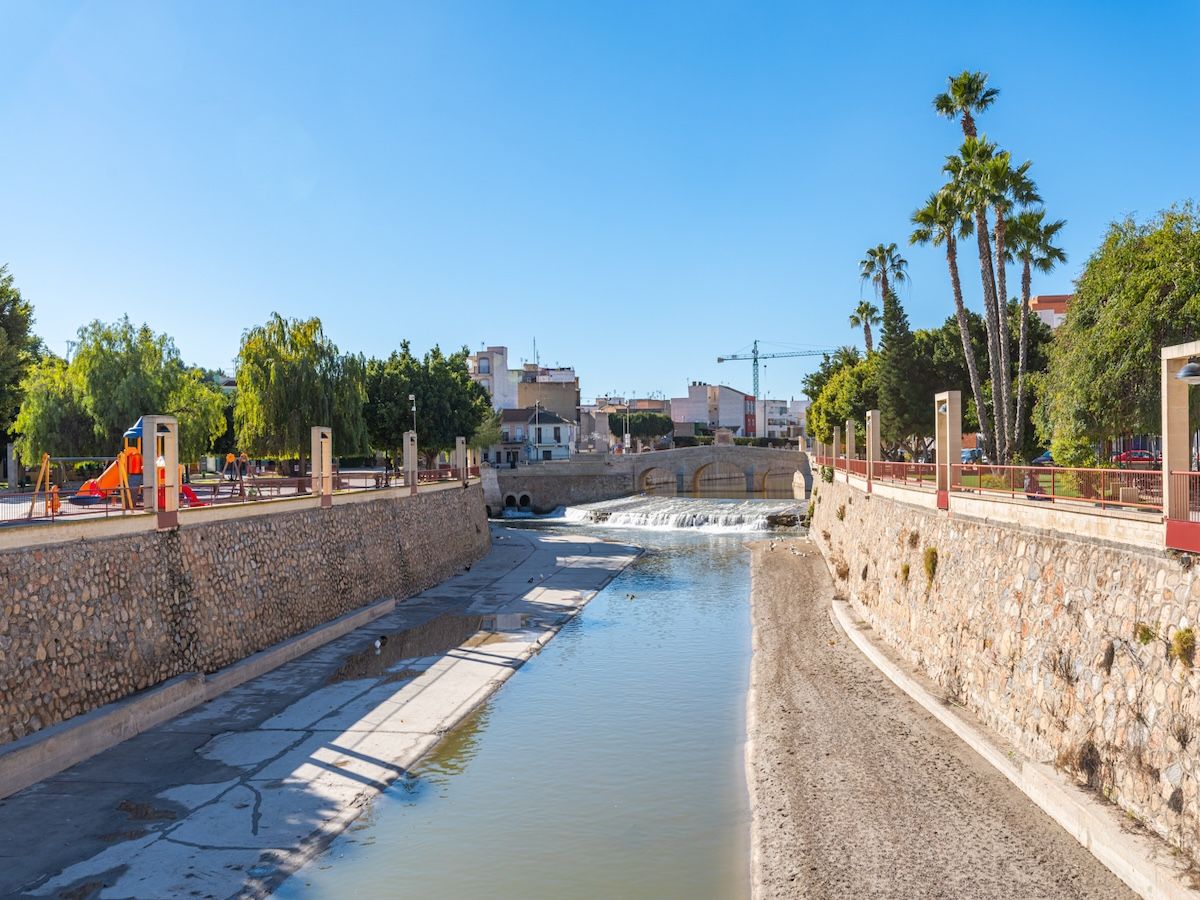 Stadsgezicht met rivier, palmbomen en een heldere blauwe lucht.