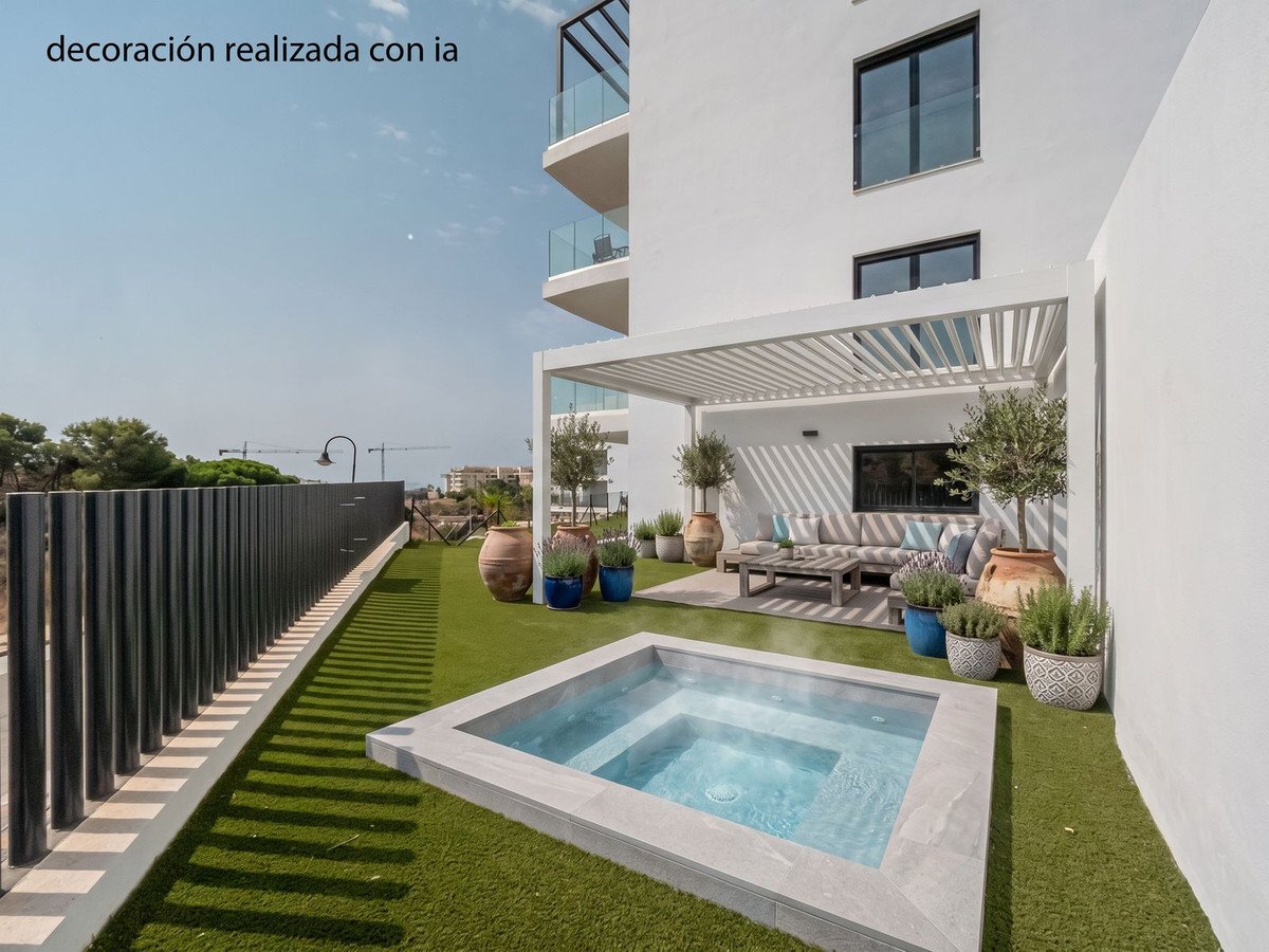 Modern terrace featuring a hot tub, outdoor seating under a pergola, and lush greenery.