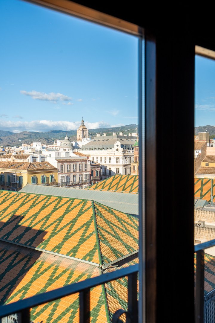 View of a city skyline with tiled rooftops and distant mountains seen through a window frame.