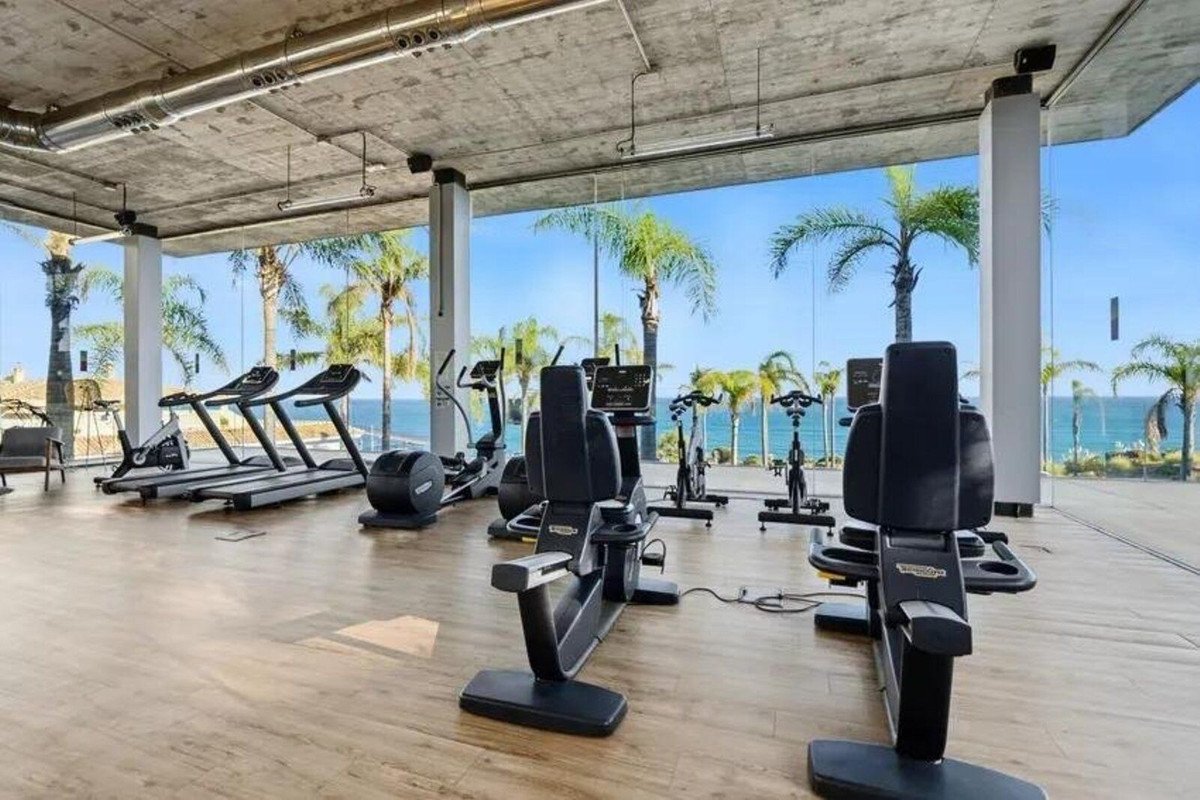A well-equipped gym with treadmills and exercise bikes, featuring large windows with a view of palm trees and the ocean.