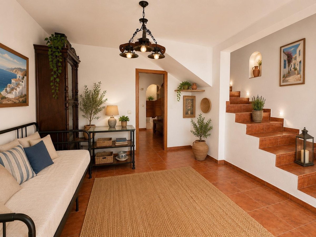Cozy living room with a staircase, artwork, and a bed with decorative pillows