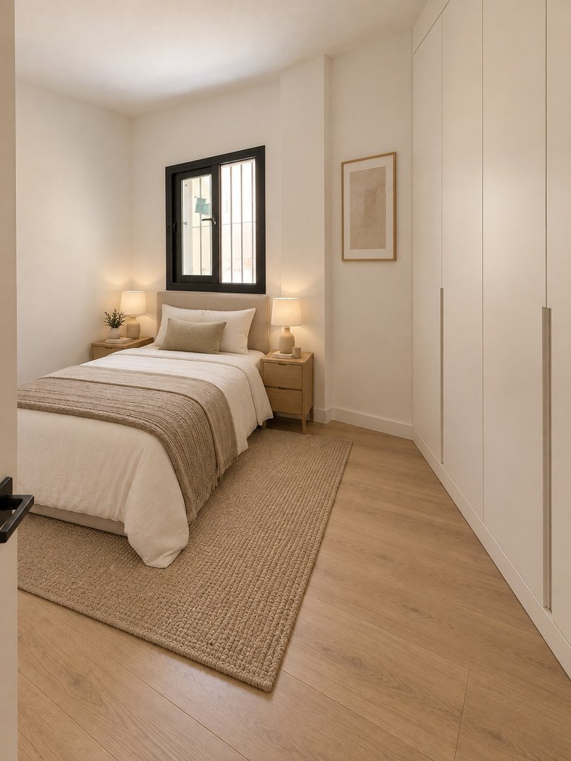 A cozy bedroom with a single bed, nightstands, a large wardrobe, and a window with metal bars.