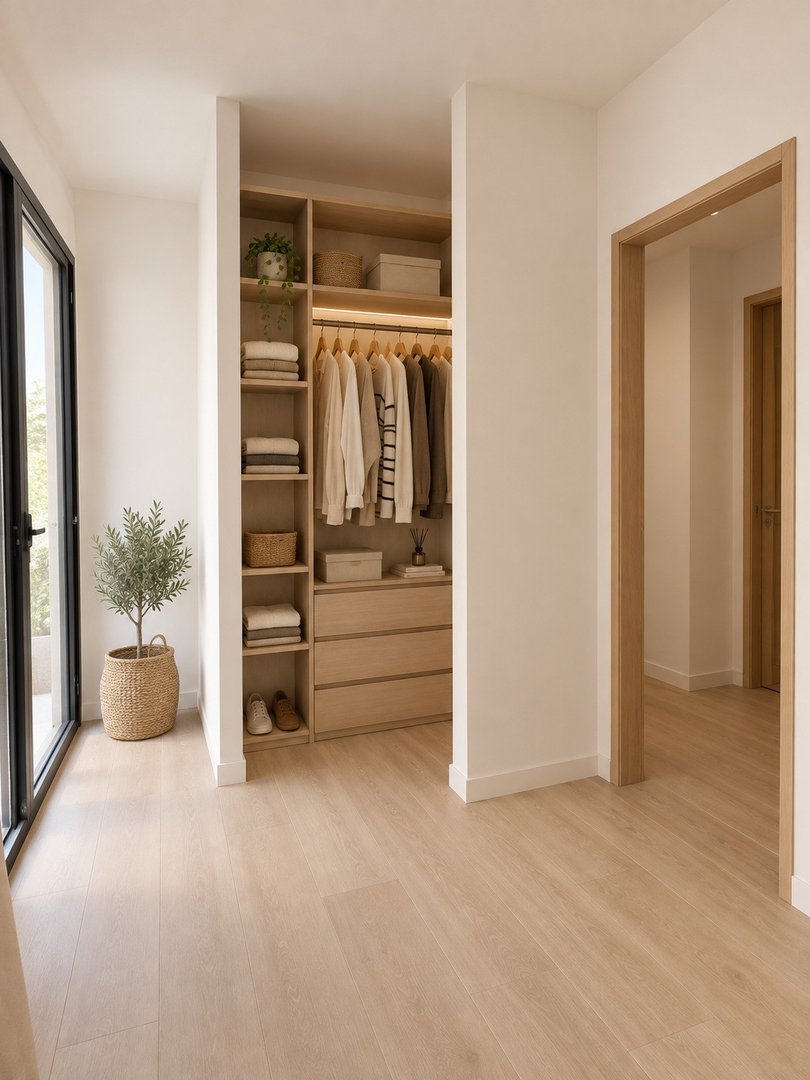 Modern walk-in closet with open shelving, hanging clothes, drawers, and natural light from a large window.