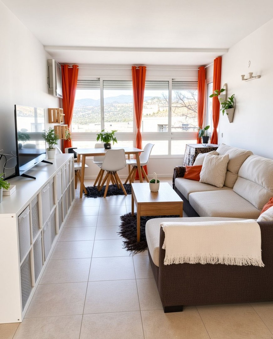 Modern living and dining area with a couch, dining table, and large windows showing a scenic mountain view.