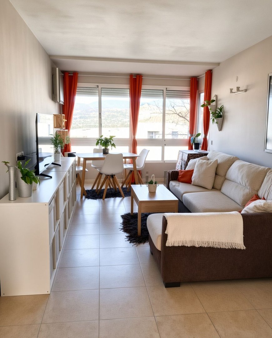 A modern living and dining area with a beige sofa, wooden furniture, and large windows with mountain views.