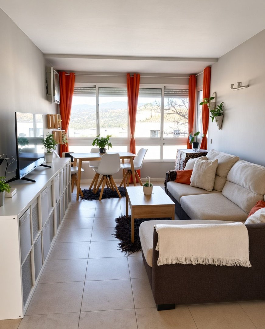 Modern living and dining room with large windows, orange curtains, and a scenic view of the landscape beyond.