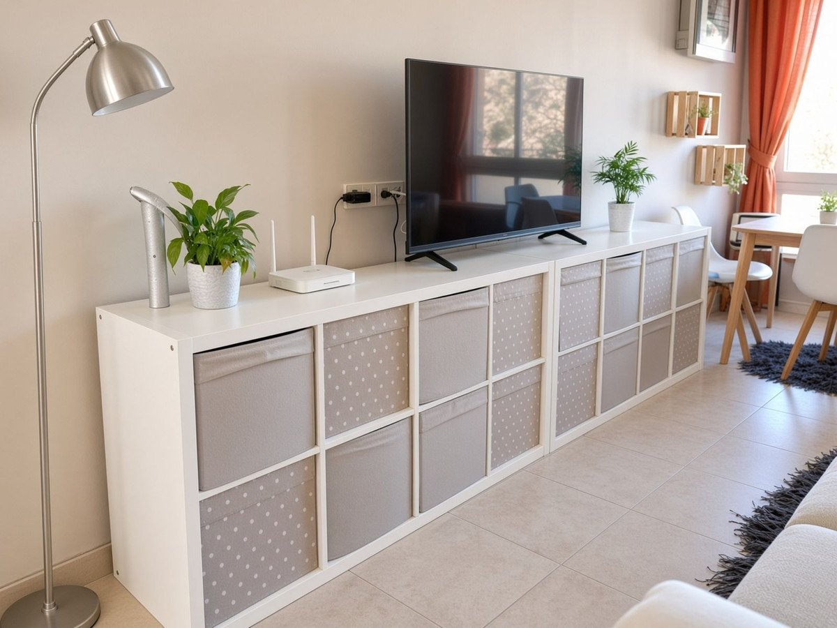 Modern living room with a white TV stand, television, plants, and storage boxes.