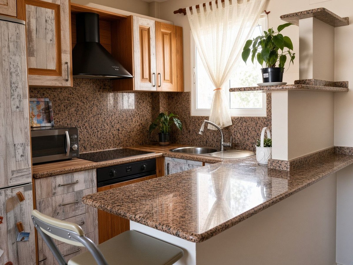Modern kitchen with granite countertops, window, microwave, stove, and sink. A plant sits on a shelf.