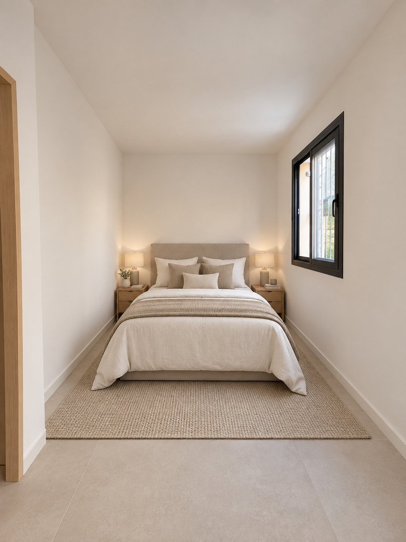 Cozy bedroom with a neutral color palette, featuring a queen-sized bed, bedside tables, a window, and a rug.