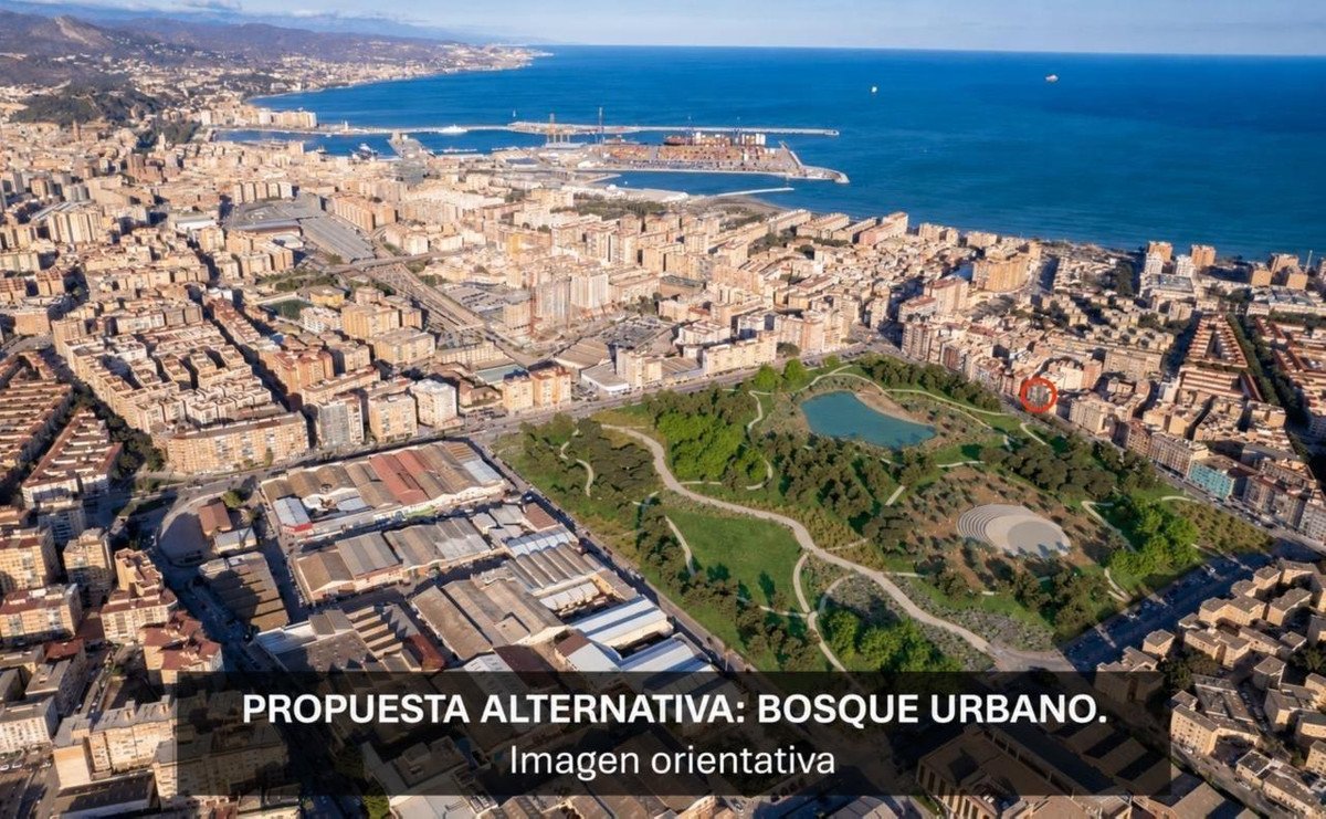Aerial view of a city park with a lake and winding paths, next to a dense urban area and the sea.