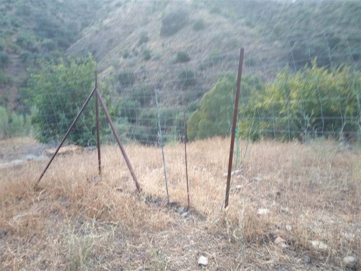 A dry, fenced field with sparse vegetation and a hill in the background.