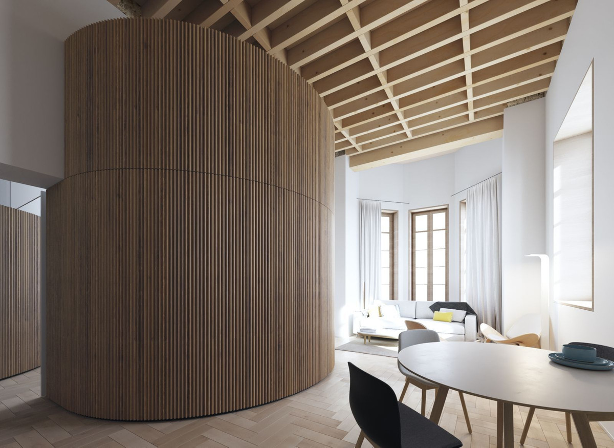 Moderne woonkamer met houten details en een ronde wandbekleding.