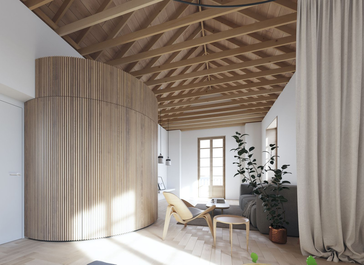 Moderne woonkamer met houten details en een open plafond.