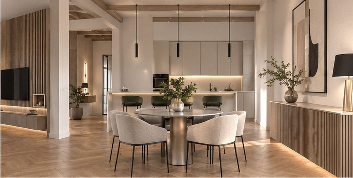 A modern open-plan living and dining area with a kitchen, featuring neutral tones and wooden accents.