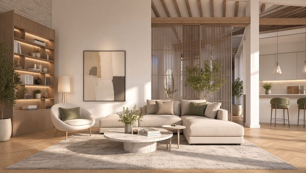 Modern living room with a sectional sofa, decorative bookshelf, abstract art, and an open-plan kitchen with a bar area.