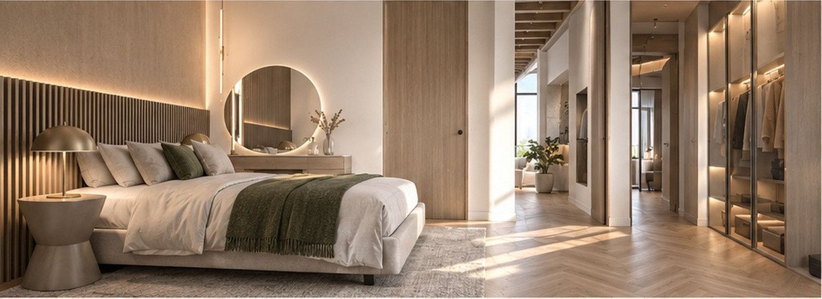 A luxurious bedroom with a king-size bed, illuminated headboard, walk-in closet, and natural light streaming in.