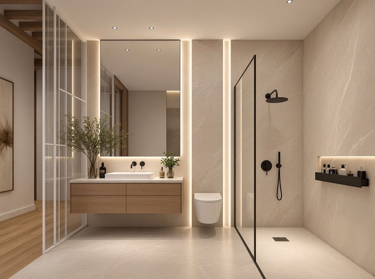Luxurious modern bathroom with a floating vanity, integrated lighting, and a spacious walk-in shower.